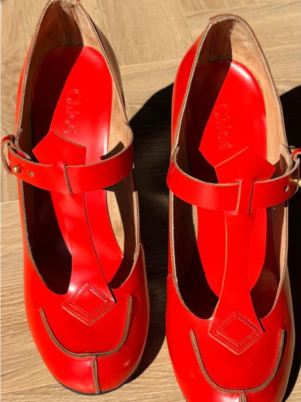 Chloe Leather Mary Jane Block Heel Pumps Harvard SPAZZ CALF 306 GINGER - Picture 4 of 12